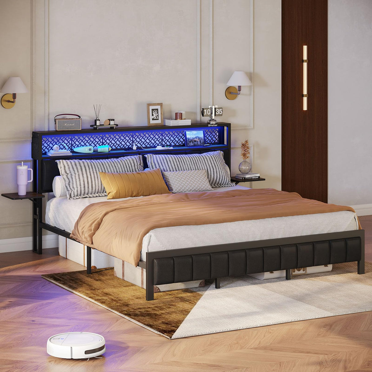 Bestier Queen Bed Frame with Upholstered Headboard, Charging Station & LED Lights - Walnut Bestier