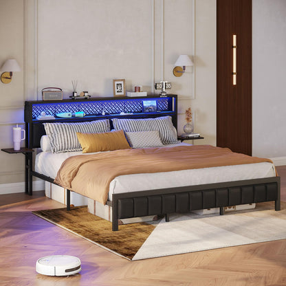 Bestier Queen Bed Frame with Upholstered Headboard, Charging Station & LED Lights - Walnut - WoodArtSupply