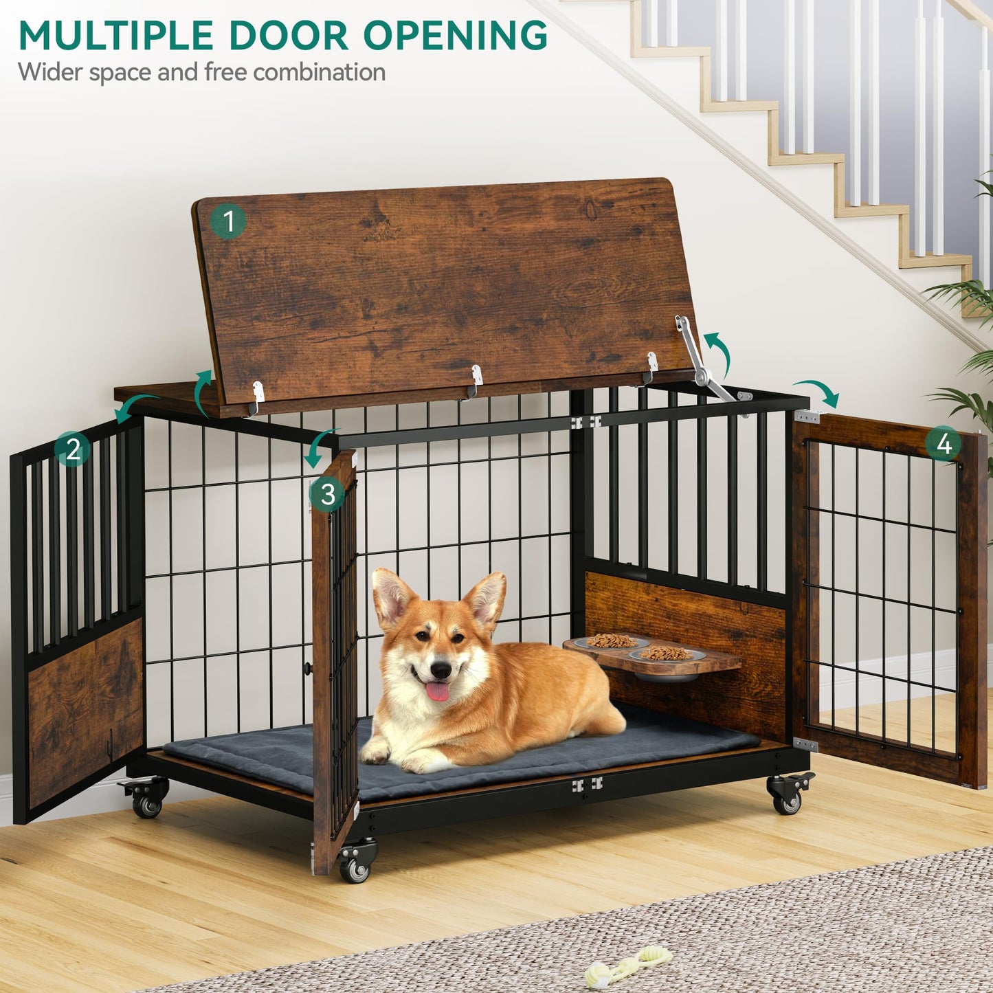 YITAHOME Dog Crate Furniture with Feeder Bowls, 31.4" Dog Kennel End Table with Wheels and Flip Top, Heavy Duty Dog Kennel for Small/Medium Dogs, Brown - WoodArtSupply