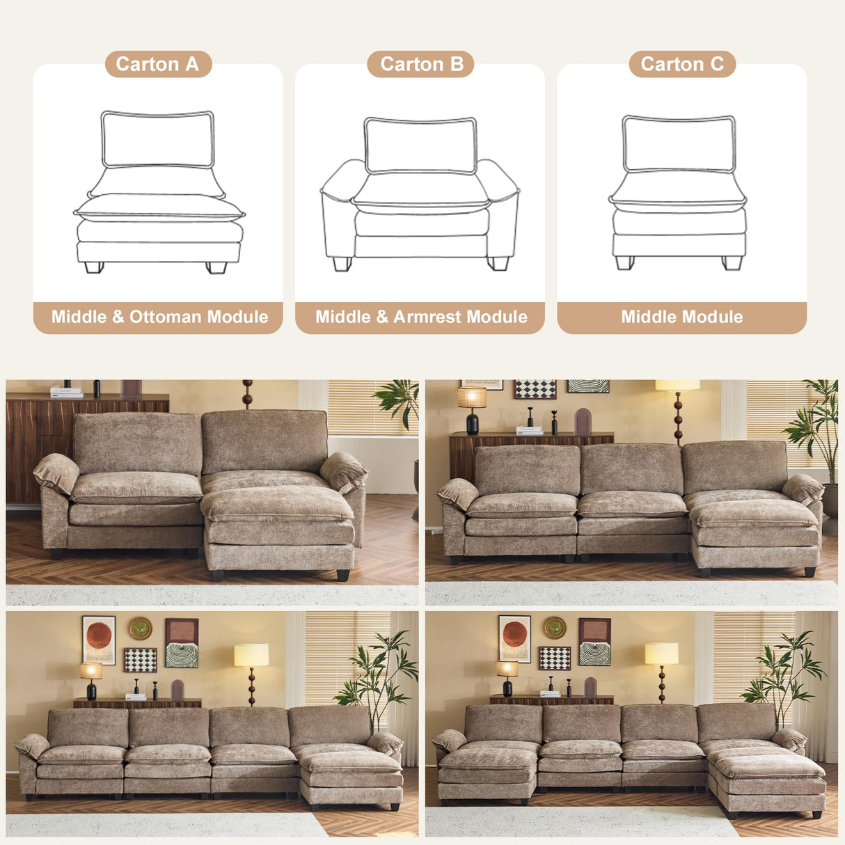 Karl home Chenille Modular Sectional Sofa 3 Seats with 1 Ottomans Sofa Couch L-Shaped Design, Comfy Upholstered Furniture for Living Room, Apartment, Studio, Office, Light Brown Karl home