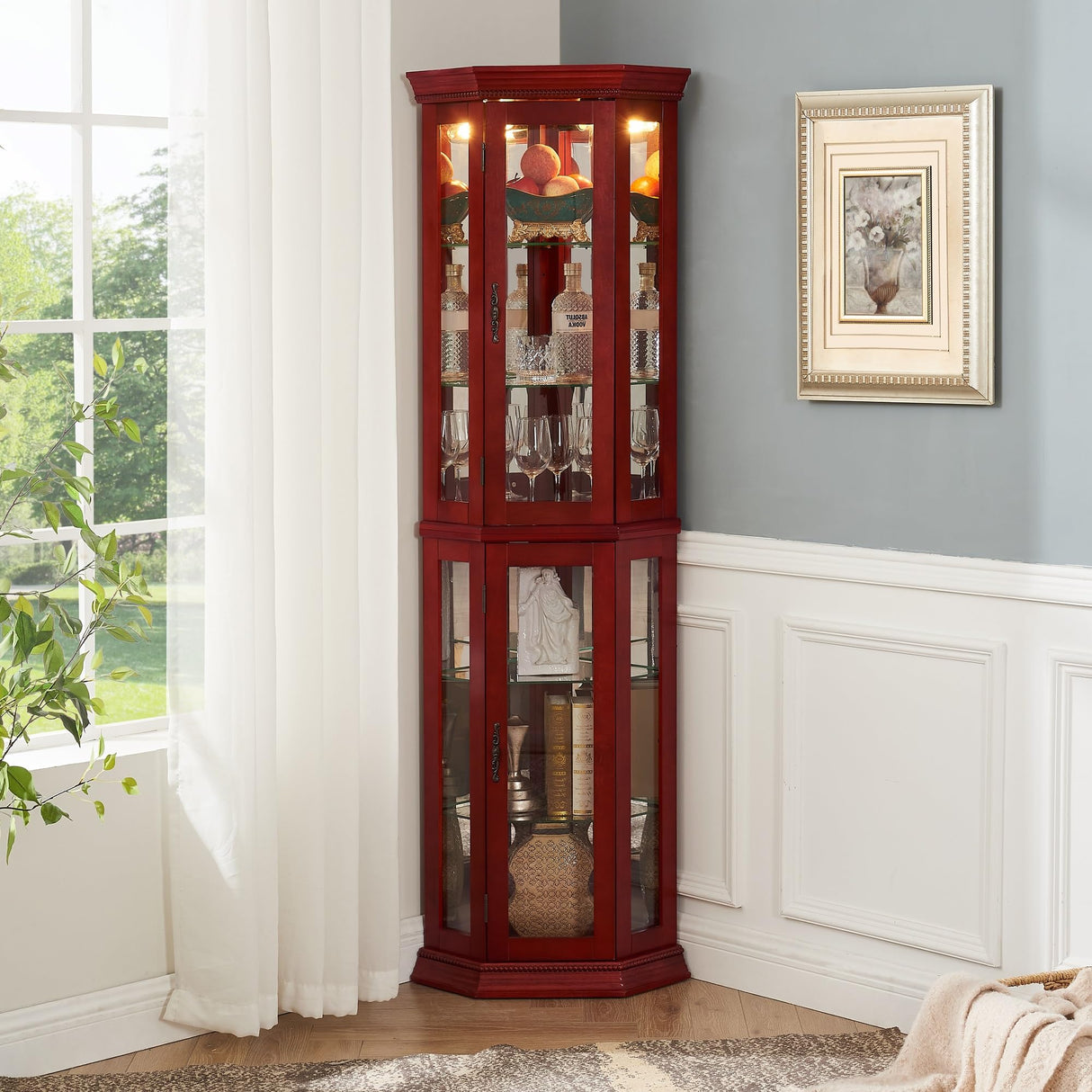 QSOSTNS Lighted Corner Display Curio Cabinet, Curved Wood Corner Cabinet with Tempered Glass Doors and Shelves for Living Room (Cherry) QSOSTNS