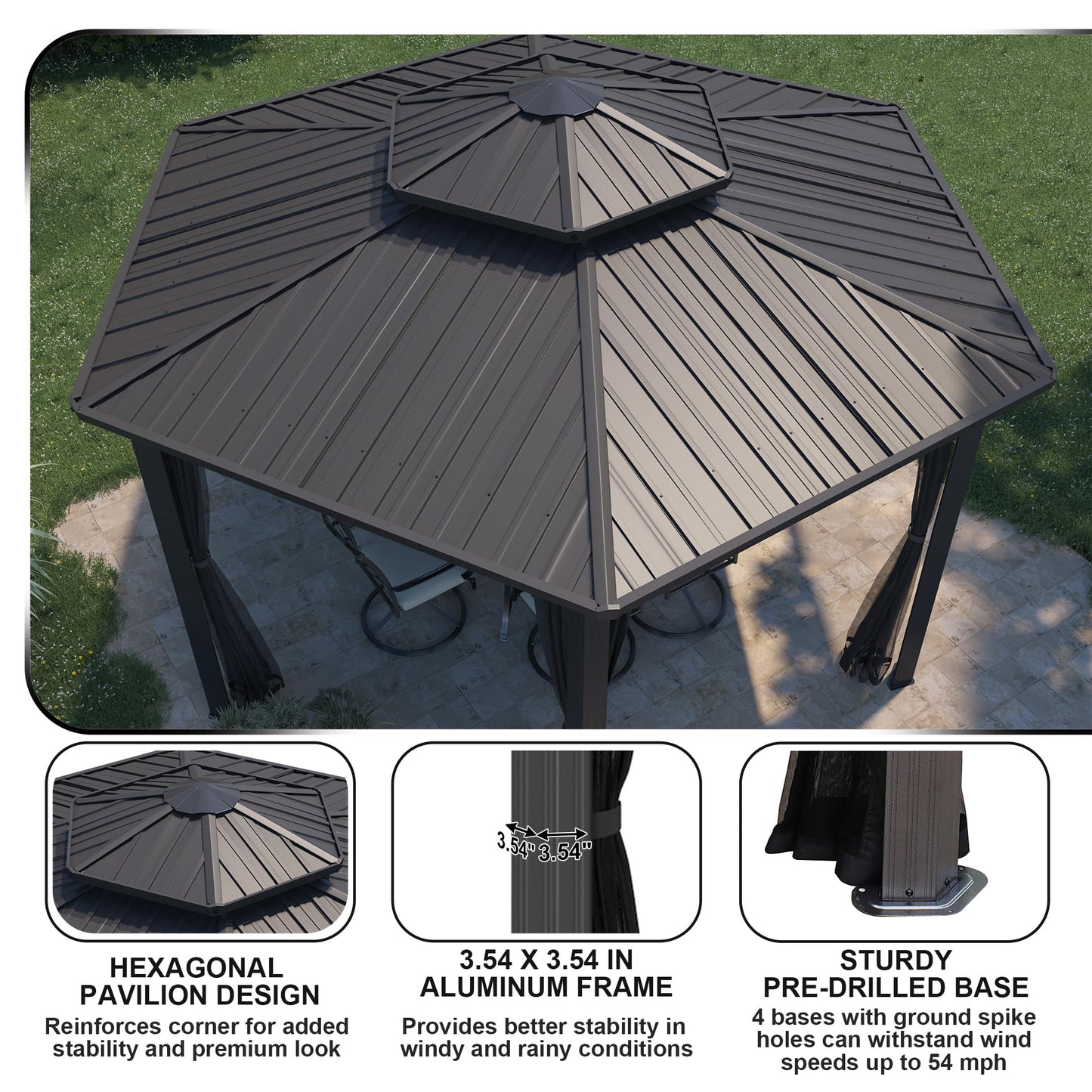 15x15Ft Hexagon Hardtop Gazebo Heavy Duty Aluminum Frame Patio Gazebo Double Roof Outdoor Pavilion with Nettings & Ceiling Hook for Patio Backyard Deck Lawns - WoodArtSupply