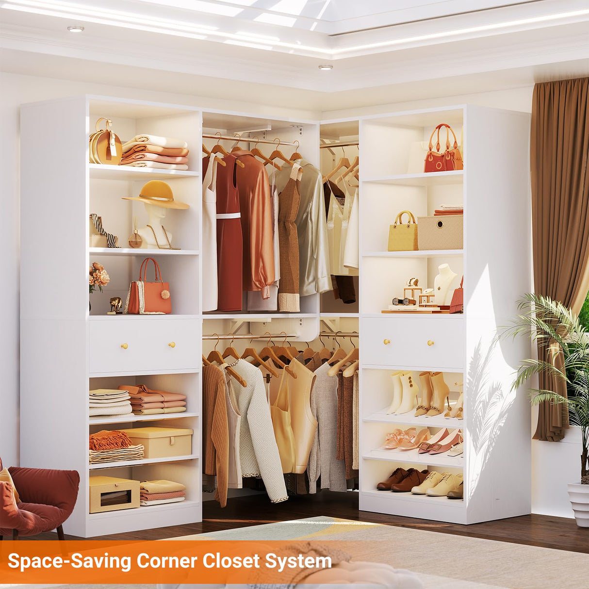 [10 FT Closet System] Reversible Set of 2 Wood Closet Organizer System with 2 Drawers, 4 Hanging Rods Adjustable Shelf, Walk In Closet Organizers with Shoe Rack, Garment Rack Clothes Rack, White Besiost