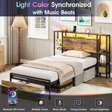 Maupvit Twin Bed Frame with 3-Tier Storage Shelves, Storage Drawer and Headboard, Twin Size Bed with Charging Station & LED Lights, Metal Platform Bed with Storage, No Box Spring Needed, Brown Maupvit