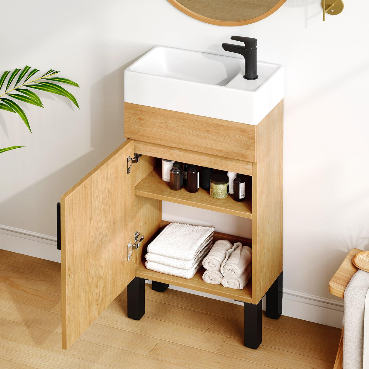 DWVO 16 Inch Bathroom Vanity Sink Combo for Small Space, Freestanding Bathroom Cabinet with Undermount Ceramic Sink, Modern Bathroom Storge Vanity Soft-Close Doors, Natural Brown DWVO