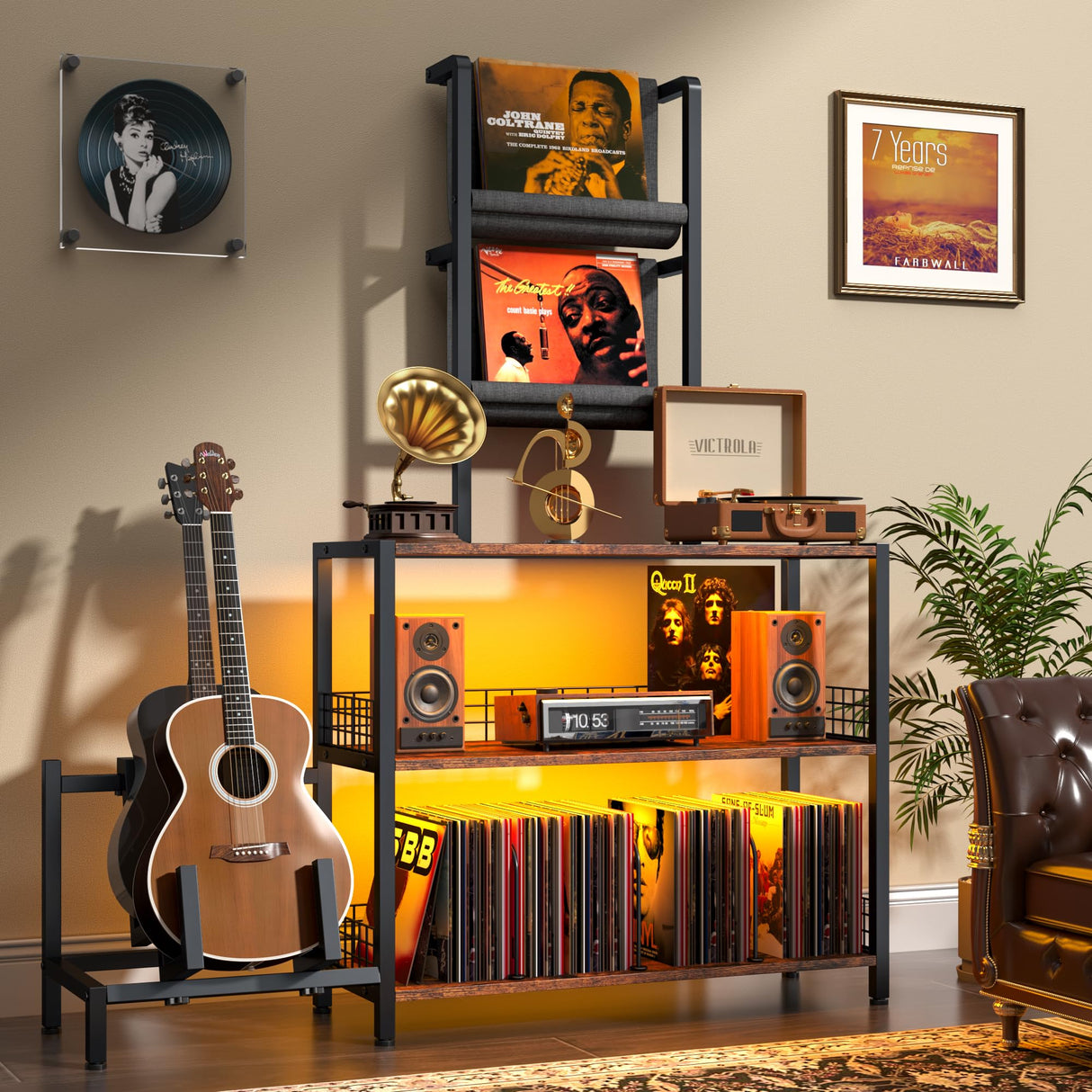 kepptory Tall Vinyl Record Player Stand with LED Lights, 3 Tier Record Storage Cabinet with Vinyl Holder and Guitar Stand, Media Display Shelf, Mid Century Modern Bookshelf, Turntable Stand (Brown) kepptory