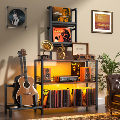 kepptory Tall Vinyl Record Player Stand with LED Lights, 3 Tier Record Storage Cabinet with Vinyl Holder and Guitar Stand, Media Display Shelf, Mid Century Modern Bookshelf, Turntable Stand (Brown)