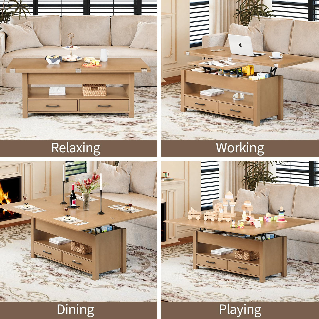 Garvee 40" Coffee Table Lift Top, Multi-Function Convertible Coffee Table with Drawers and Hidden Compartment, Converts to Dining Table for Living Room, Raw Wood Garvee