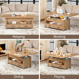 Garvee 40" Coffee Table Lift Top, Multi-Function Convertible Coffee Table with Drawers and Hidden Compartment, Converts to Dining Table for Living Room, Raw Wood Garvee