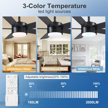 POCHFAN 42 inch Black Ceiling Fans with Lights and Remote Control, LED Ceiling Fan Dimmable 3-Color Temperatures 6-Speed, Quiet Modern Ceiling Fan for Bedroom, Living Room, Dining Room POCHFAN