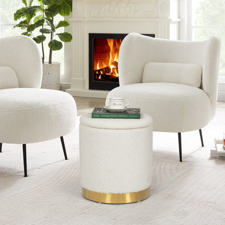Joveco Round Storage Ottoman with Removable Lid, Boucle Small Upholstered Padded Vanity Foot Rest Stool for Living Room, Bedroom, Dorm, White Joveco