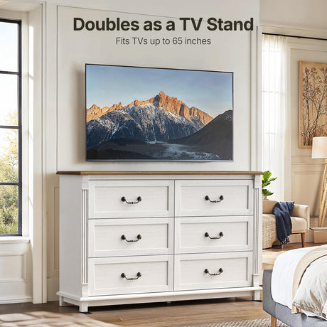 Amada Farmhouse 6 Drawers Dresser for Bedroom, 47" Wide Wood Rustic Chest of Drawers with Roman Column Design, Vintage Design, Large Storage Organizer for Bedroom, Living Room, Antique White and Brown AMADA HOMEFURNISHING