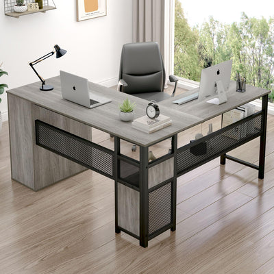 LVB Reversible Gray L Shaped Corner Desk, Farmhouse Wood Computer Desk with File Drawers Cabinets, Large Work Study Executive Home Office Desk with Storage Shelves for Bedroom, Light Grey Oak, 59 Inch