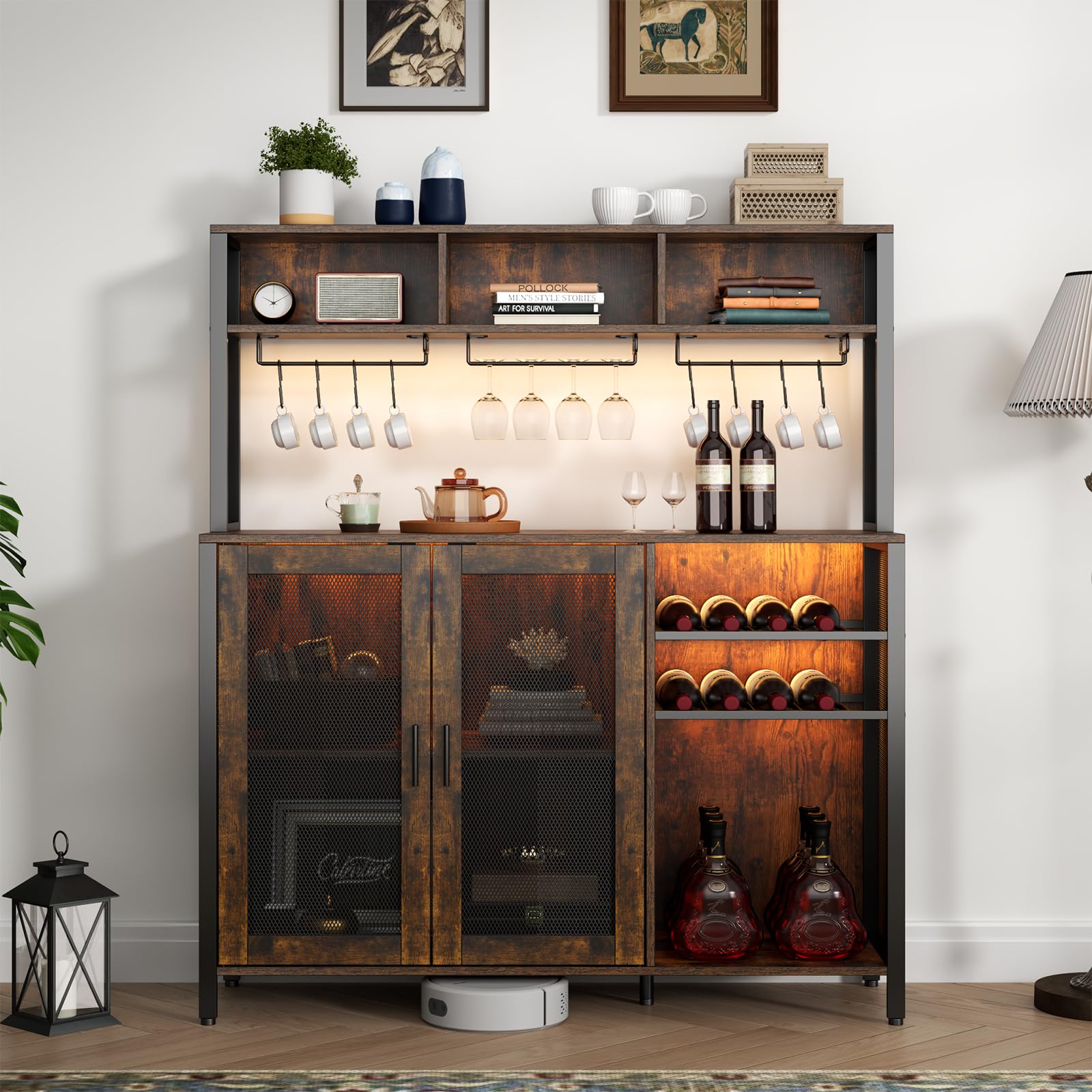 Loomie Wine Bar Cabinet with LED Lights, Industrial Coffee Bar Cabinet with 3 Storage Compartments & Wine Rack &Glass Holder,Sideboard Buffet Cabinet for Liquor and Glasses,Liquor Cabinet,Rus - WoodArtSupply