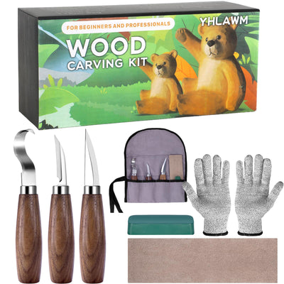 YHLAWM Wood Whittling Kit for Beginners, Wood Carving Kit with 3 Pcs Wood Carving Knives & 4 Pcs Woodcarving Auxiliary Tools, Complete Set of 7 Beginner Wood Carving Set, Gift Set for Kids and Adults