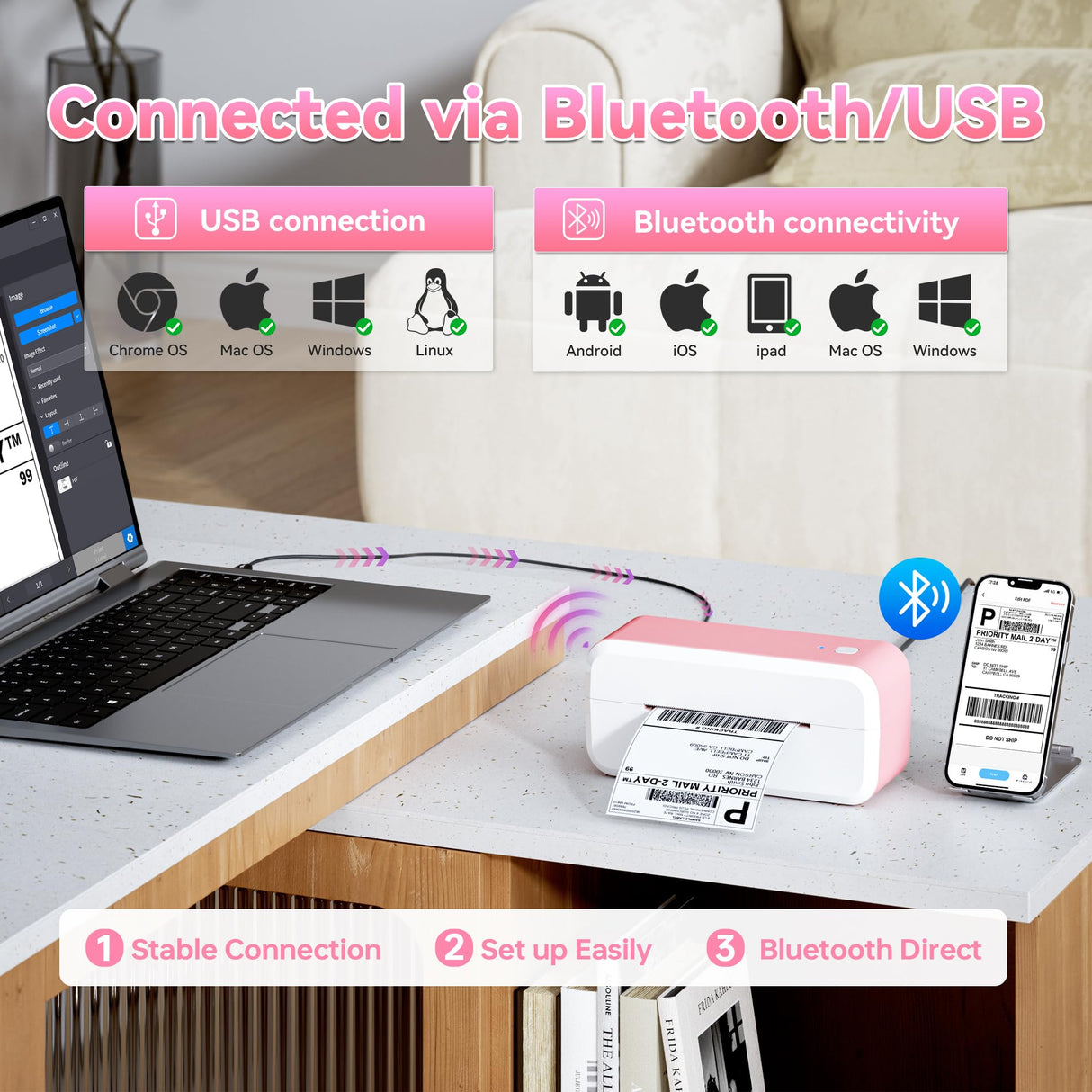 Bluetooth Shipping Label Printer, 4x6 Thermal Label Printer for Shipping Packages & Small Business, Compatible with IOS, Android, Windows and Mac, Widely Used for Ebay, Shopify, Amazon, Etsy (Pink) NelkoGlobal