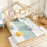 KOMFOTT Wood Extendable House Bed, Twin to King House Daybed with Safety Rails & Decorable Roof, Montessori Daybed, No Box Spring Needed, Roof-Shaped Floor Daybed for Kids, Teens (Natural) KOMFOTT