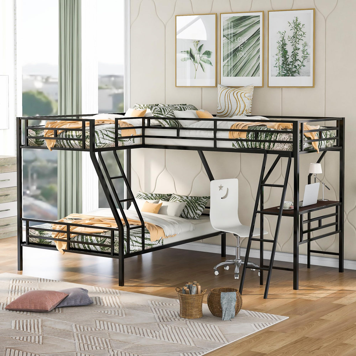 JIJIWANG Metal Triple Bunk Bed L Shaped for 3, Twin Over Full Bunk Bed with a Desk and Twin Size Loft Bed Attached, Noise Reduced Structure, Black JIJIWANG