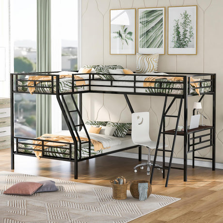 JIJIWANG Metal Triple Bunk Bed L Shaped for 3, Twin Over Full Bunk Bed with a Desk and Twin Size Loft Bed Attached, Noise Reduced Structure, Black JIJIWANG