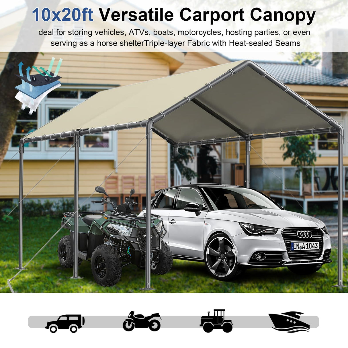Outdoor Carport 10x20ft Heavy Duty Car Tent, Portable Garage Canopy Storage Shed, Car Shelter, All-Season Tarp Tent for Car, Party (Bg) Grezone