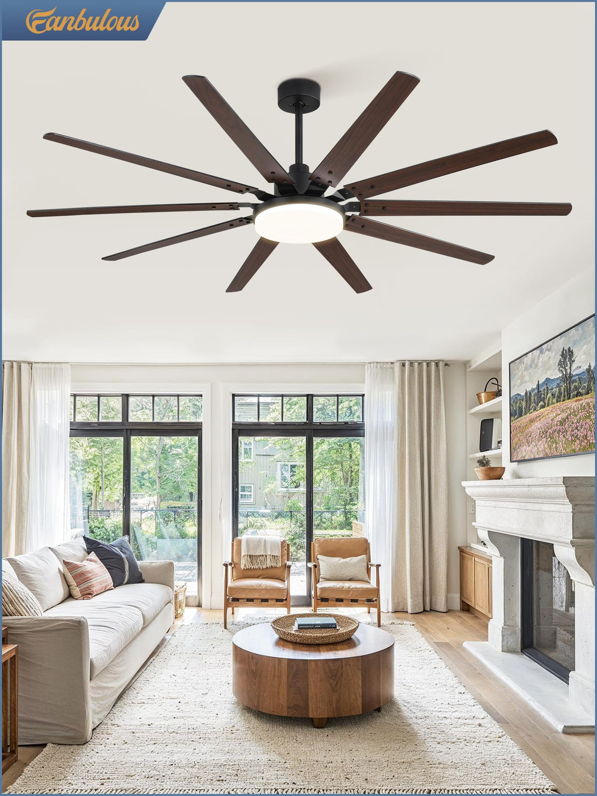 72 inch Large Ceiling Fans with Lights and Remote, Outdoor Black Ceiling Fan with 10 Blades, 32W LED Light 3 CCT, 6 Speed Reversible Quiet DC Motor, Modern Ceiling Fan for Living Room Patio Fanbulous