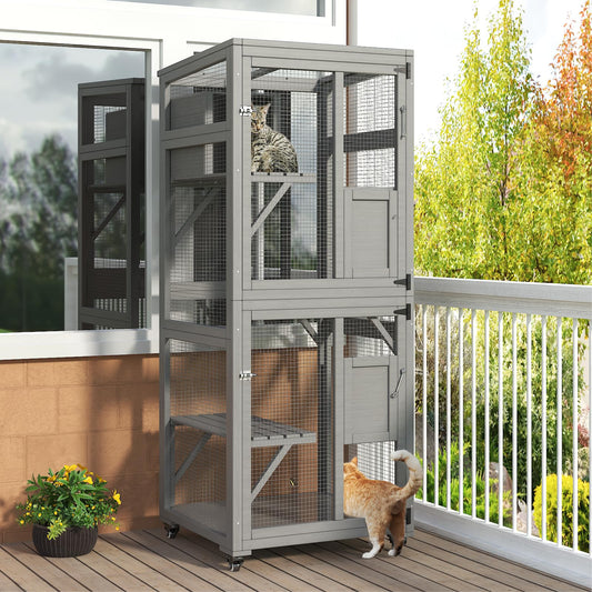 TIMHAKA Cat Catio Outdoor Cat Enclosure, 4 Tiers Cat Playen Catio with Wheels, Resting Box, Sunshine Panel Waterproof Roof, Large Cat House Cage with Removable Wood Bottom and Easy Clean PVC  - WoodArtSupply