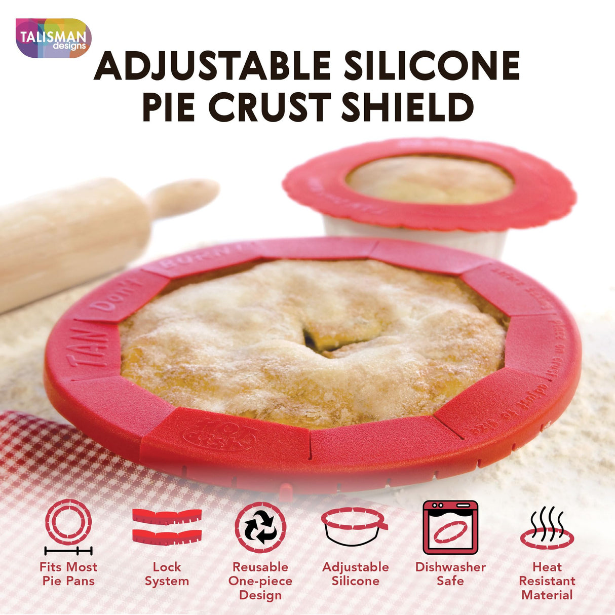 Talisman Designs Baking Pie Crust Shield Protector Cover for Edges of Pie - 8-inch to 11.5-inch Adjustable Silicone Baking Accessory for Making the Perfect Pie | Set of 1 Talisman Designs