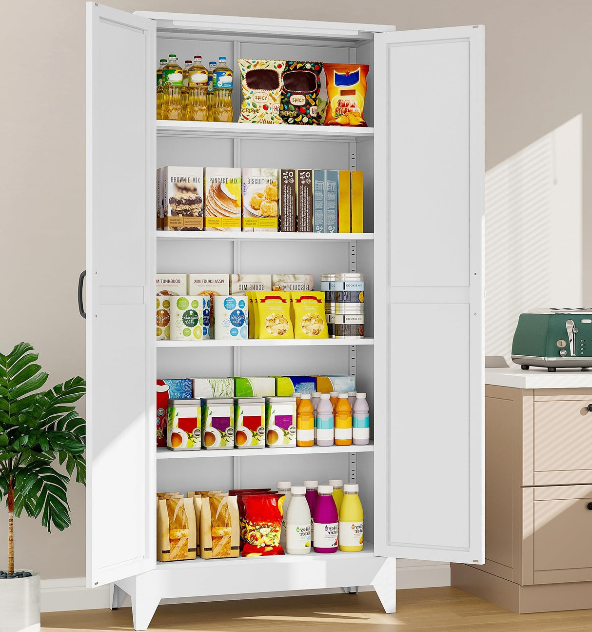 75" Tall Pantry Cabinet,Farmhouse Kitchen Pantry Storage Cabinets with 2 Doors and 4 Shelves,White Metal Storage Cabinet,Large Cupboard for Home,Kitchen,Dining/Living Room SISESOL