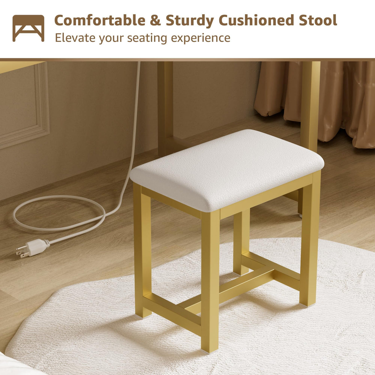 KAI-ROAD Makeup Vanity Desk with Mirror and Lights - Small White Gold Vanity Table with Fabric Drawers & Chair, Power Outlet, Modern Make Up Vanitys Desks Set, Dressing Table for Girls Bedroom KAI-ROAD