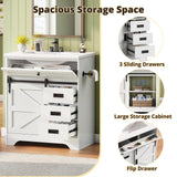 IRONCK 30" Bathroom Vanity with Sink, Farmhouse Bathroom Sink Cabinet with Flip Drawer & Sliding Barn Door, Freestanding Bathroom Vanities with Metal Handles, Paper Towel Holder,White IRONCK