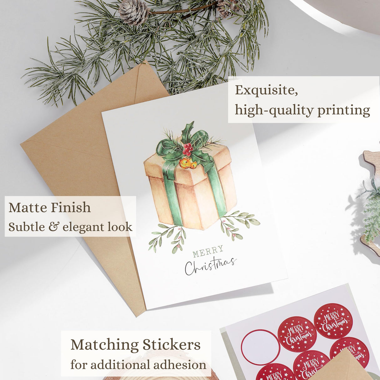 Merry Christmas Cards Boxed with Envelopes Set of 20 Cards - Woodlands Watercolor Designs on Heavy Duty Card Stock - 5x7 Inches Blank Inside - Bulk Christmas Cards with Matching Stickers Paper Play
