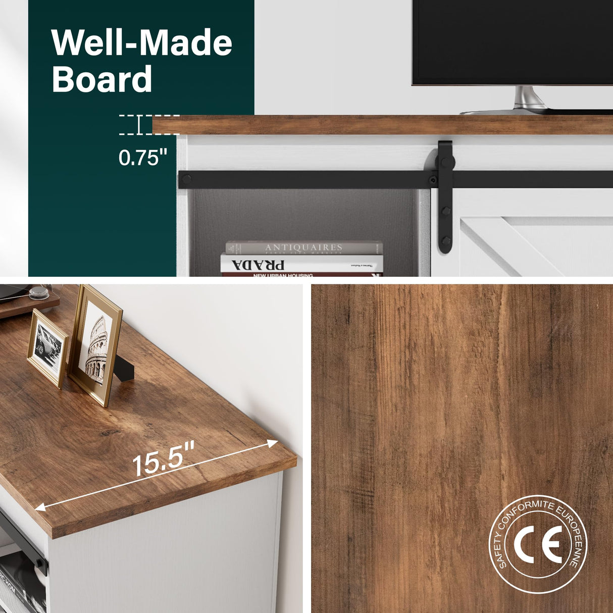 JUMMICO TV Stand with 4 Drawers for 65 Inch TV, Entertainment Center with Storage Cabinets and Sliding Barn Doors, Mid Century Modern Media TV Console Table for Living Room Bedroom (Bright White) JUMMICO