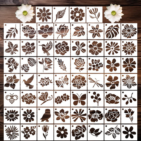 Sitsink Flower Stencils for Crafts - 60 Pcs Reusable Cute Floral Wall Stencil Templates for Painting on Walls, Wood, Rock, DIY Art Projects, Window Glass, Card Sitsink