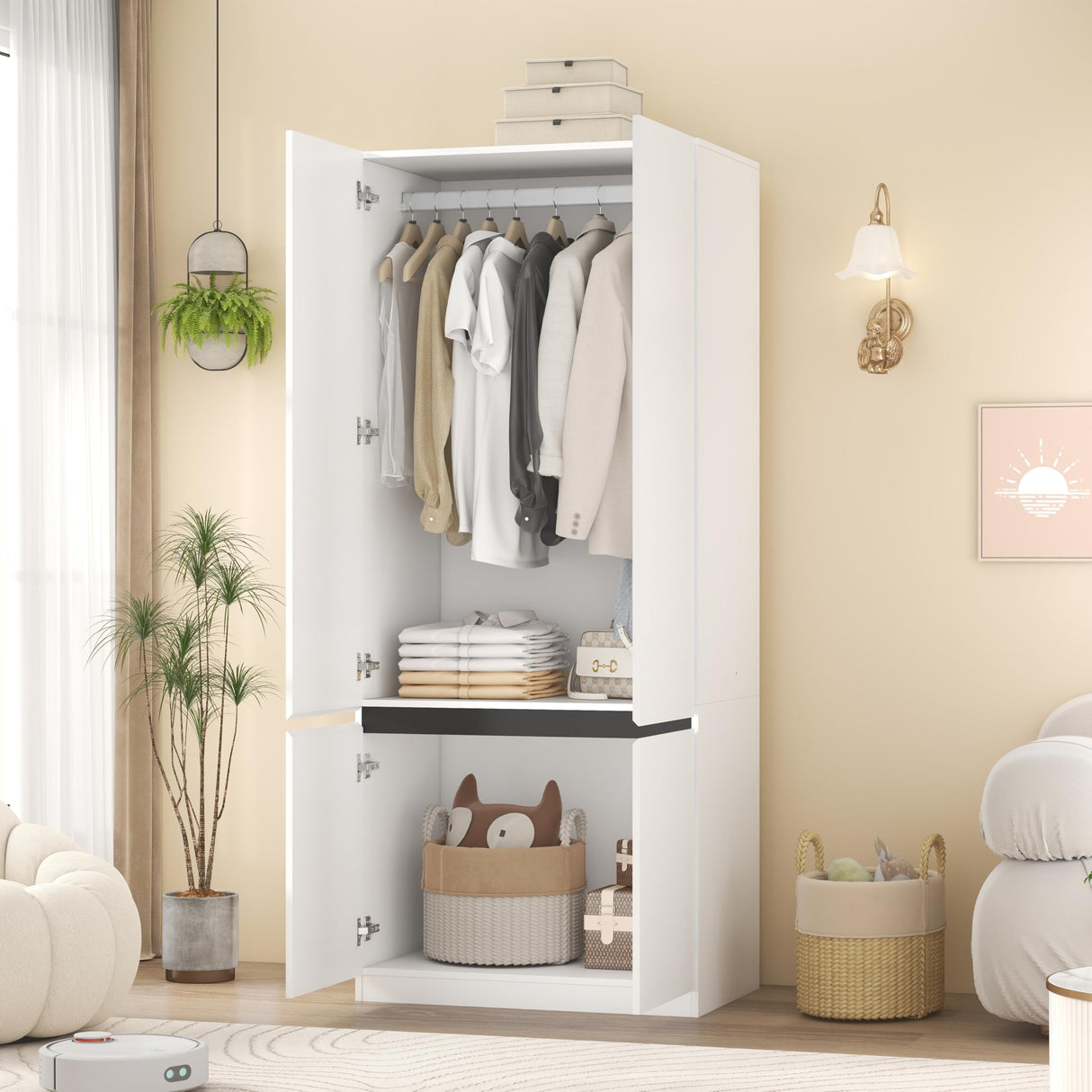 Armoire Wardrobe Closet with Doors: 75" White Large Wardrobe Closet with 2 Doors, Clothes Cabinets for Bedroom Armoires with Storage, Wood Wardrobes Closets for Hanging Clothes (C-Style, 31.5") Mhsatyrs