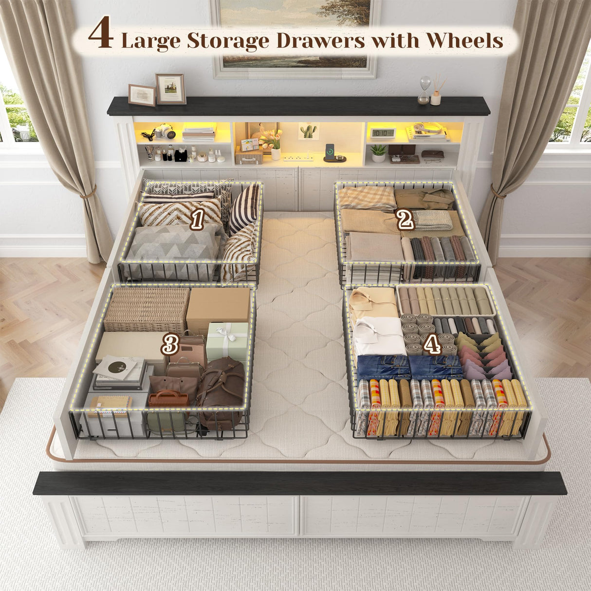 EnHomee Full Size Bed Frame with Headboard and Storage, 4 Drawers & LED & USB Full Bed Frame with Storage Farmhouse, Built in Charging Station,NO Noise,No Box Spring Needed,White EnHomee