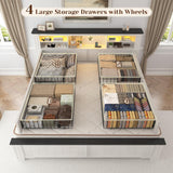 EnHomee Full Size Bed Frame with Headboard and Storage, 4 Drawers & LED & USB Full Bed Frame with Storage Farmhouse, Built in Charging Station,NO Noise,No Box Spring Needed,White EnHomee