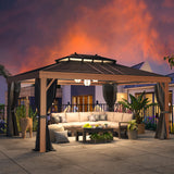 YOLENY 12' x 16' Hardtop Gazebo Metal Gazebo with Wood Grain Aluminum Frame, Galvanized Steel Double Roof, Outdoor Patio Gazebo Pergolas with Netting and Curtains for Backyard, Patio, Lawns YOLENY
