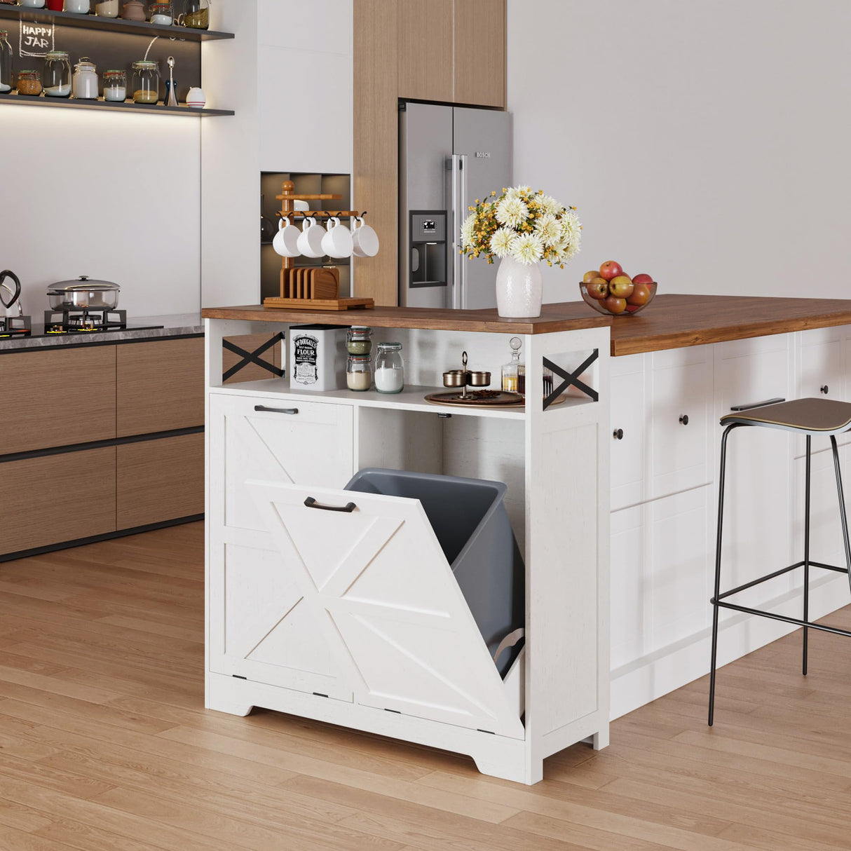 Double Tilt Out Trash Can Cabinet for 13*2 Gallon Garbage Can, Farmhouse Kitchen Garbage Trash Bin Cabinet for Hidden Laundry Basket, Dual Dog Proof Trash Can Cabinet for Barthroom, Living Room, White Befrases