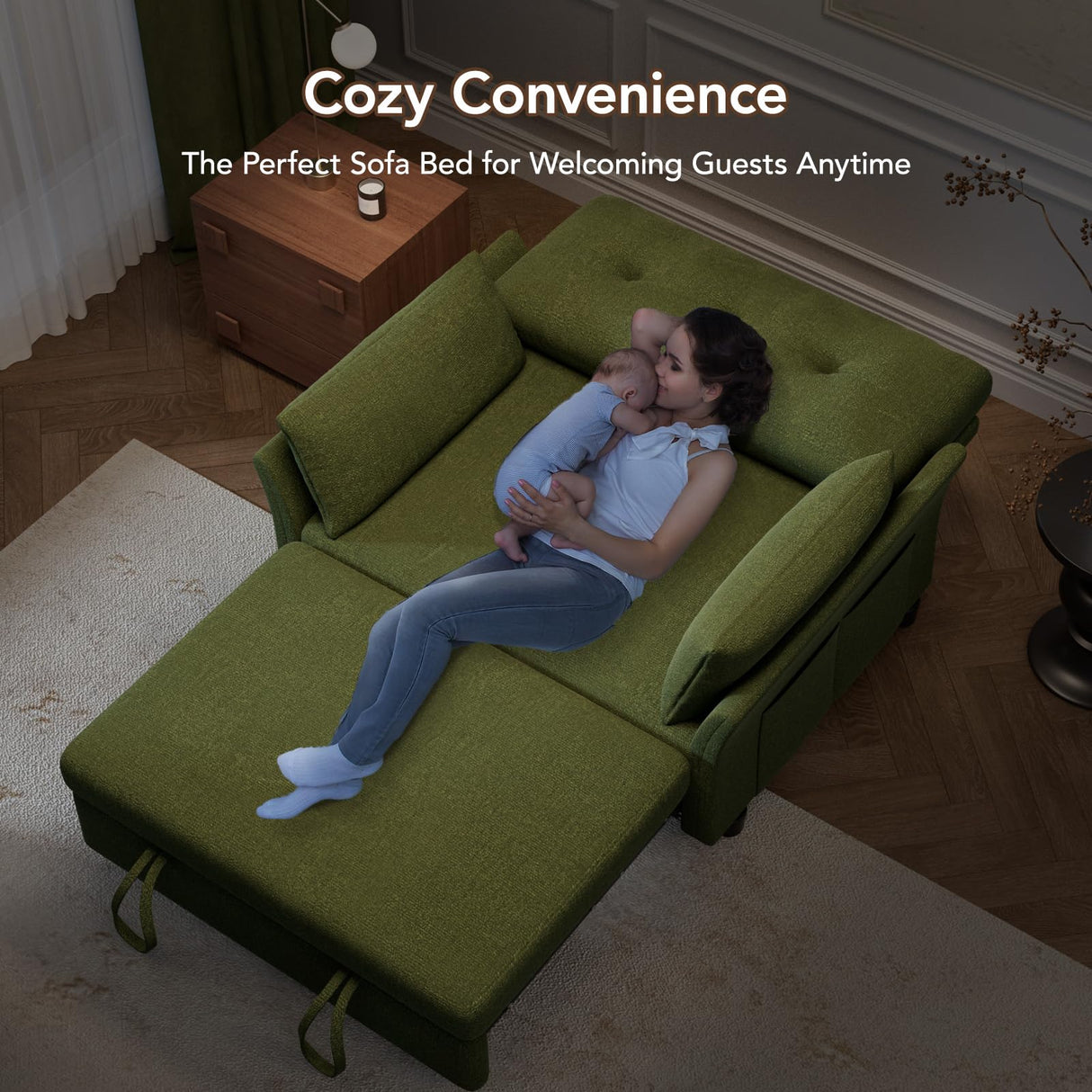 Vipbear 3 in 1 Sleeper Sofa Bed, Pull Out Couch with Reclining Backrest, Convertible Loveseat with Side Pocket, Tool-Free Assembly, Modern Chenille Loveseat for Living Room, Apartment, Green Vipbear