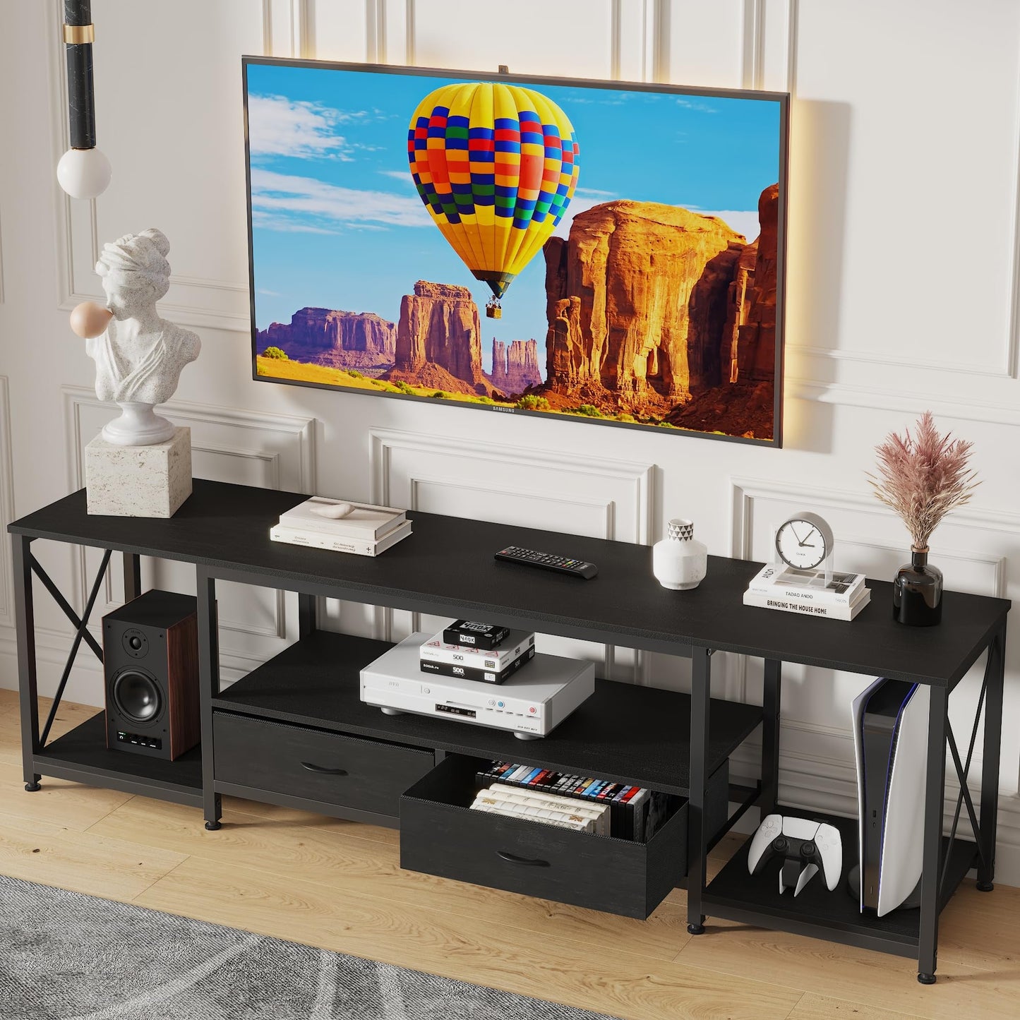 GYIIYUO TV Stand with Fabric Drawers for 65 70 75 Inches TV - Entertainment Center and Industrial TV Console Table with Open Storage Shelves for Living Room, Bedroom - 63.5" Black