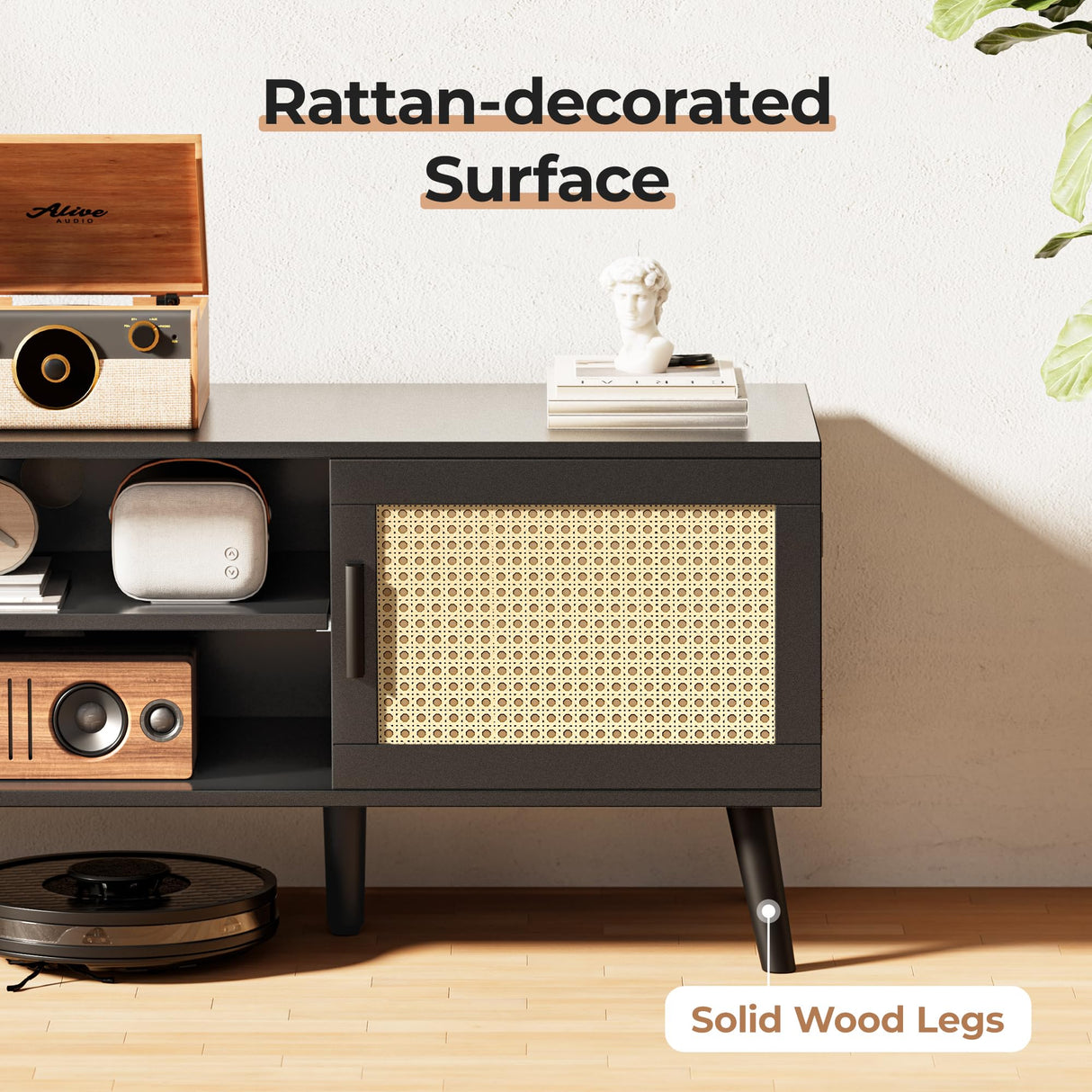 SUPERJARE 65 Inch TV Stand, Entertainment Center with Adjustable Shelf, Rattan TV Console with 2 Cabinets, Media Console, Solid Wood Feet, 4 Cord Holes, for Living Room, Black SUPERJARE