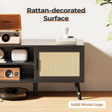 SUPERJARE 65 Inch TV Stand, Entertainment Center with Adjustable Shelf, Rattan TV Console with 2 Cabinets, Media Console, Solid Wood Feet, 4 Cord Holes, for Living Room, Black SUPERJARE