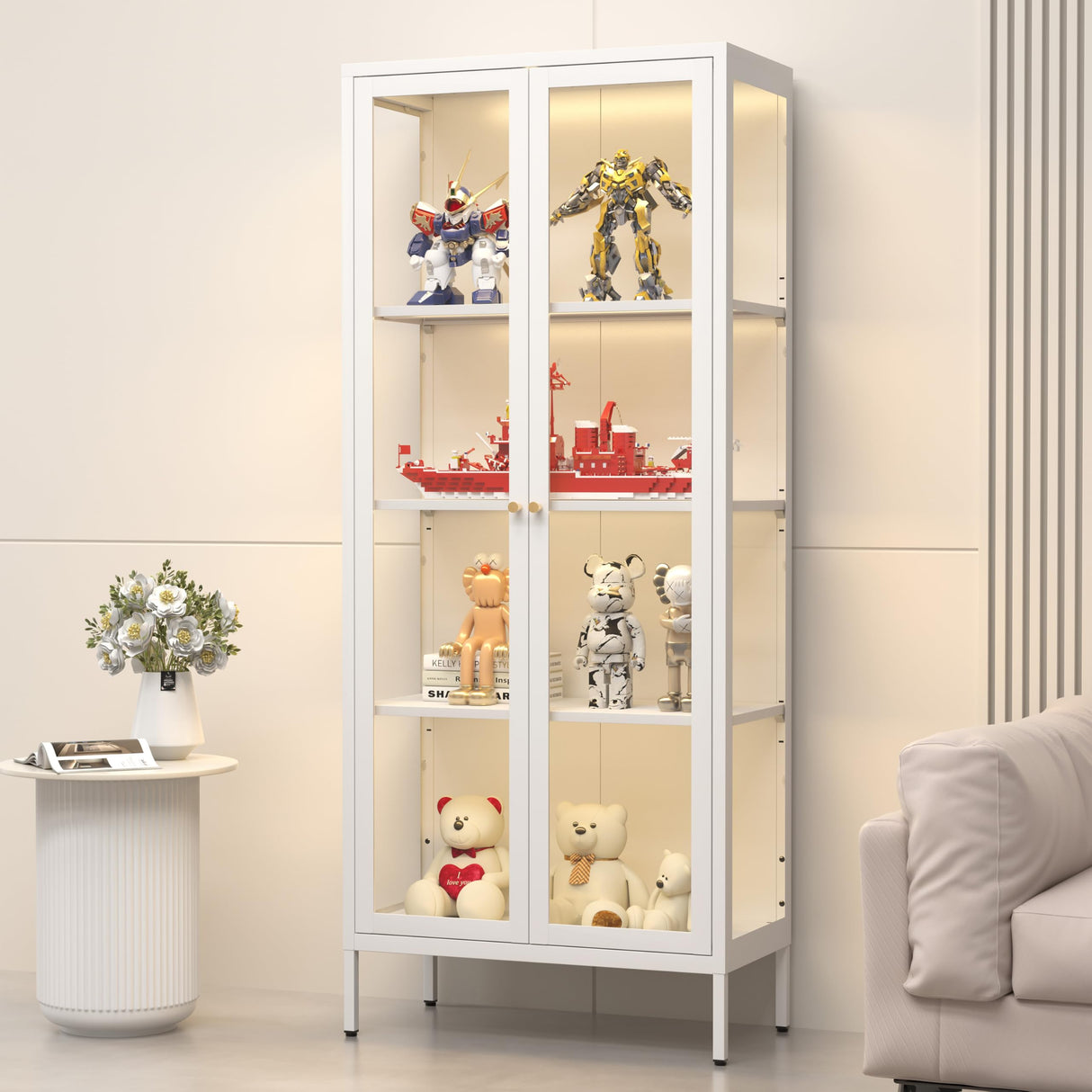 SteeLoong Glass Display Cabinet with 3 Lights,66”Metal White Display Cabinet with Glass Doors and 3 Adjustable Shelves,Curio Display Case for Livingroom SteeLoong