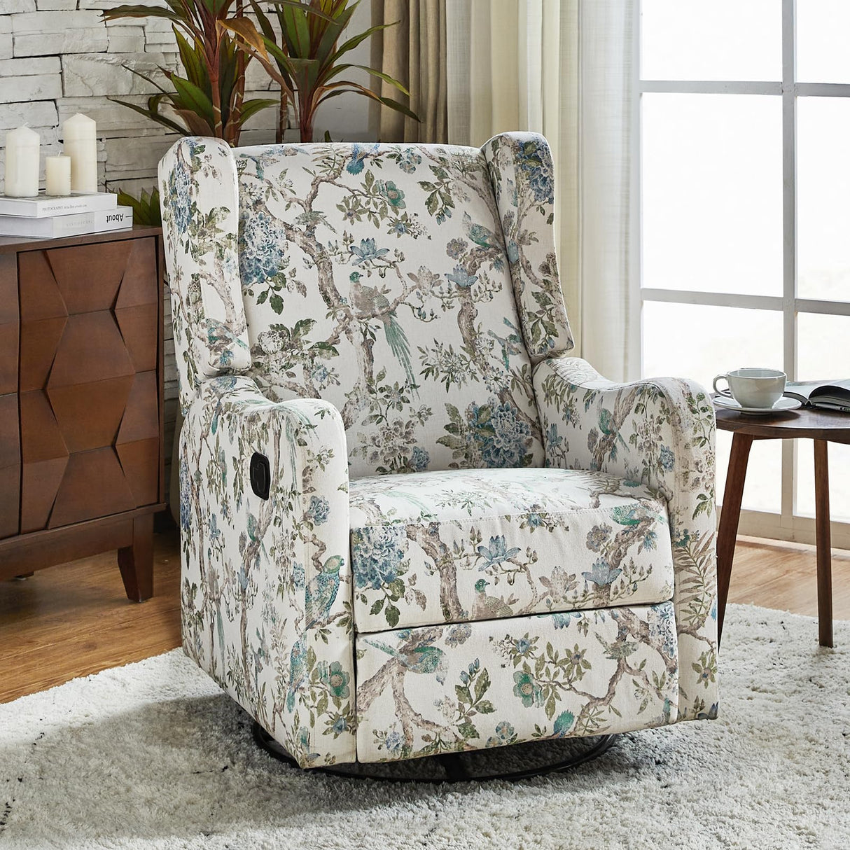 HULALA HOME Printed Fabric Manual Swivel Glider Recliner, Wingback Rocker, Push Back Recliner Chair with Adjustable Backrest & Footrest, Armchair Sofa 360 Degree Swivel for Living Room, Floral HULALA HOME