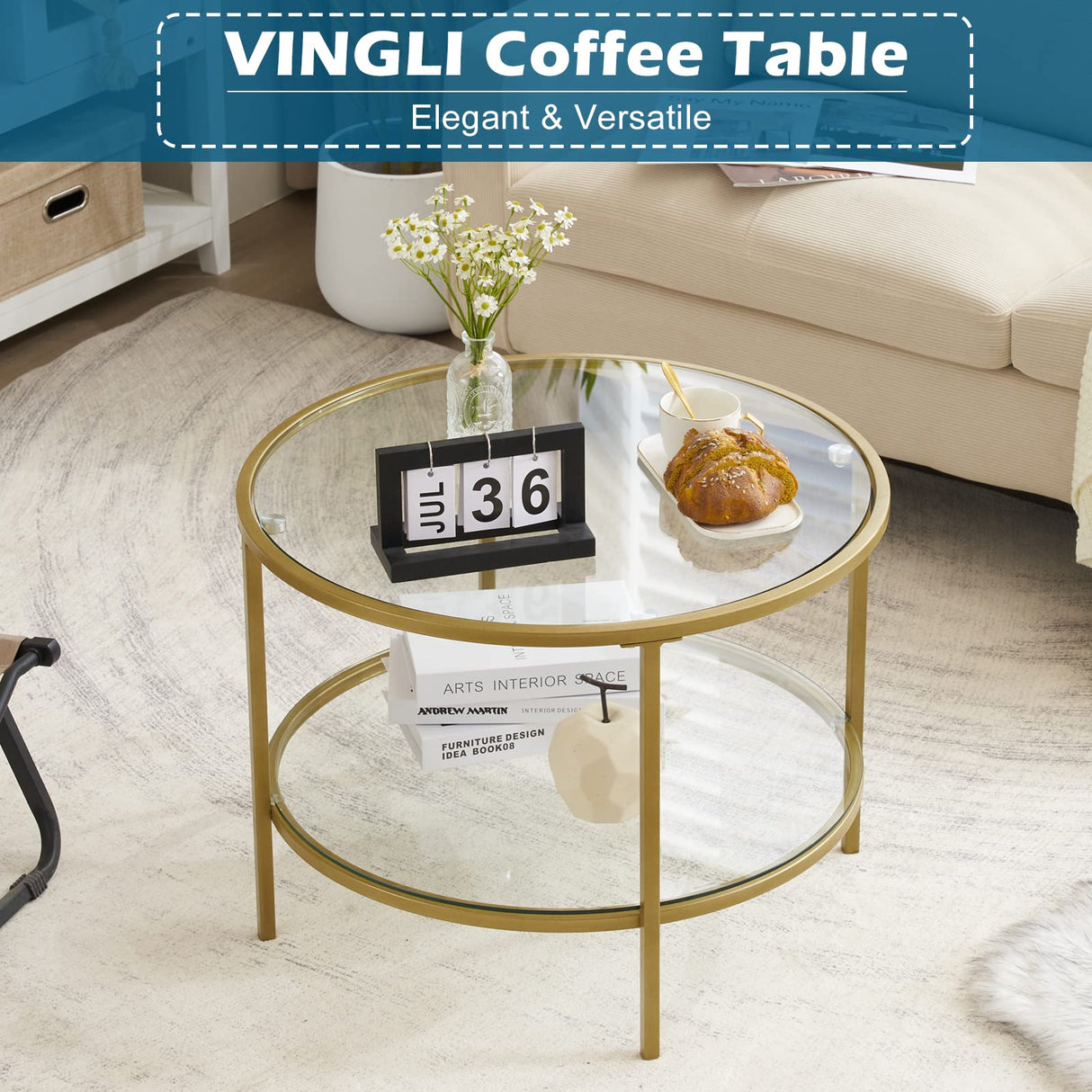 VINGLI Glass Coffee Table, 25.6" Round Champagne Gold Coffee Tables for Living Room, 2-Tier Glass Top Coffee Table with Storage Clear Coffee Table, Simple & Modern Center Table for Small Space VINGLI