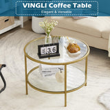 VINGLI Glass Coffee Table, 25.6" Round Champagne Gold Coffee Tables for Living Room, 2-Tier Glass Top Coffee Table with Storage Clear Coffee Table, Simple & Modern Center Table for Small Space VINGLI