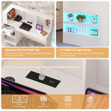 55" Reception Desk with LED Lights Power Outlets,L-Shaped Modern Front Desk Reception Room Table with Cable Grommet,Lockable Drawers,Retail Checkout Counter for Lobby,Salon,Home Office Desk,White Hlivelood