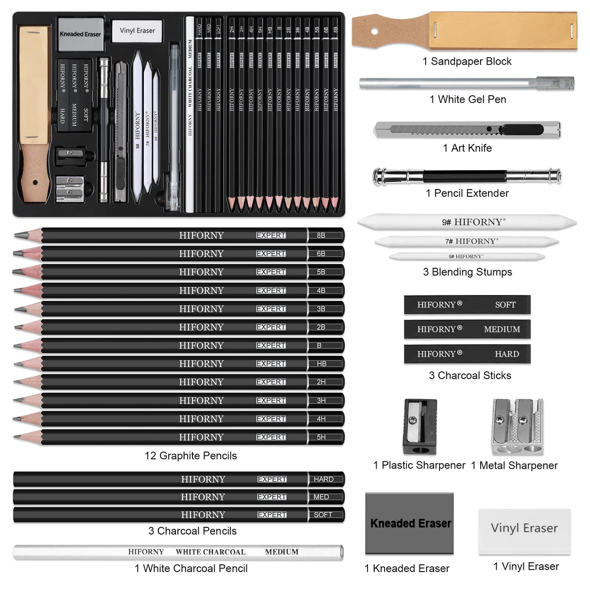HIFORNY 30 PCS Sketching Drawing Pencil Set,Sketch Pencils Art Supplies with Graphite,Charcoal,Blending Tools,Accessories,Drawing Kit for Adults Artists HIFORNY