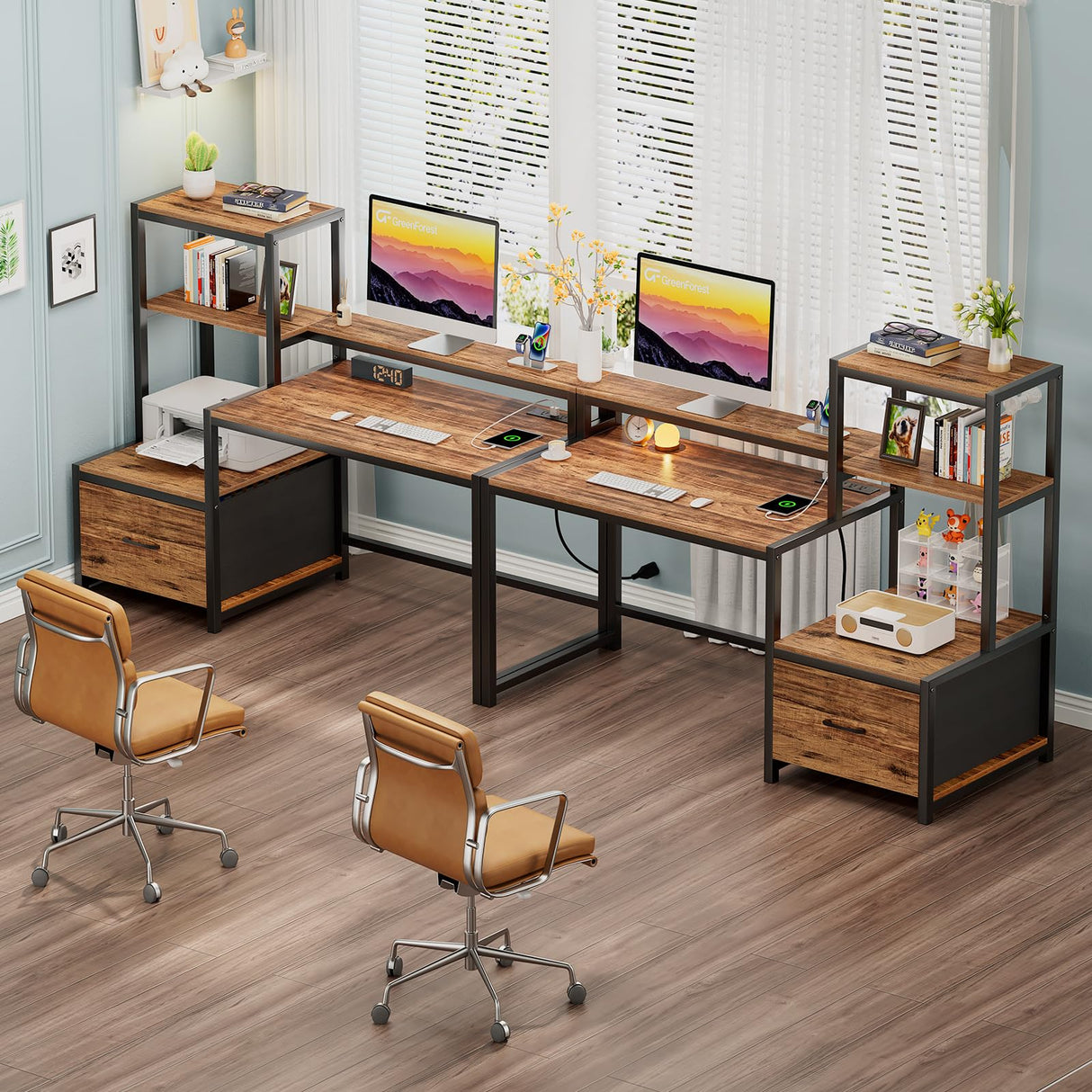 GreenForest Computer Desk with Drawers and Monitor Stand, Home Office Desk with Storage Shelves, Small Gaming Desk with Power Outlets and LED Lights for Study Writing Working, 51 inch Walnut GreenForest