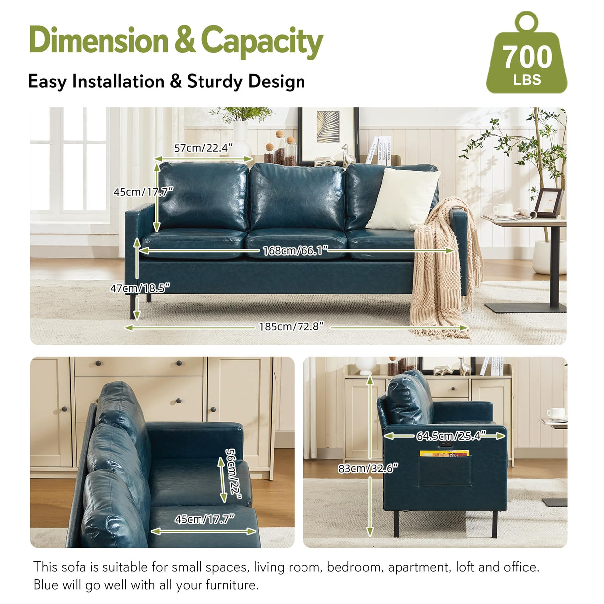 STHOUYN 73" W Faux Leather Couch w/ 2 USB, Leather Sofa w/Side Pockets, Wooden Frame 3 Seat Couch for Livingroom, Office, Apartment (Blue, 3 Seater) STHOUYN